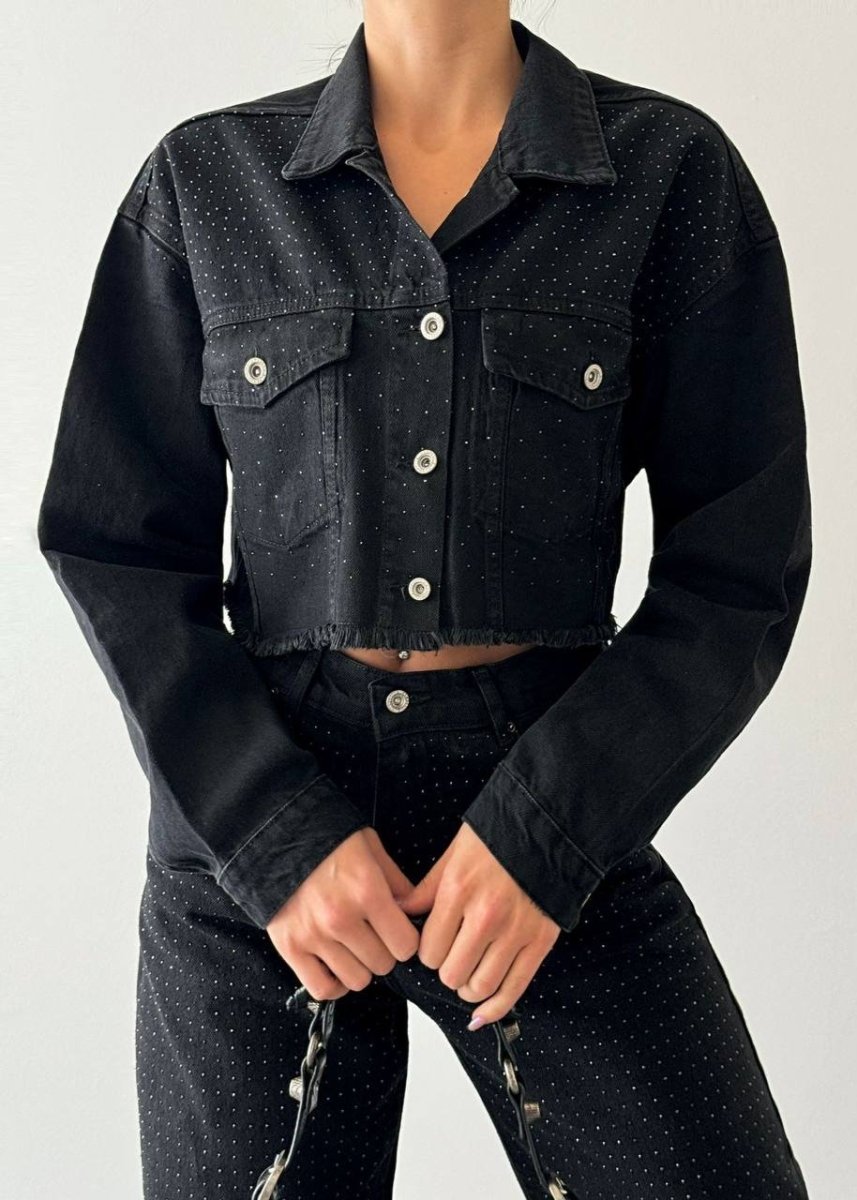 Gaiia Studded Denim Crop Jacket - Black - GAIIA